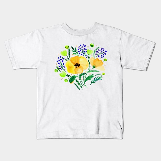 Watercolor poppies bouquet - yellow and green Kids T-Shirt by wackapacka